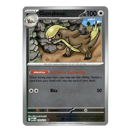 A single Pokémon trading card for Gumshoos from the 1st Edition MEGA TCG, featuring a gray border and detailed character artwork.