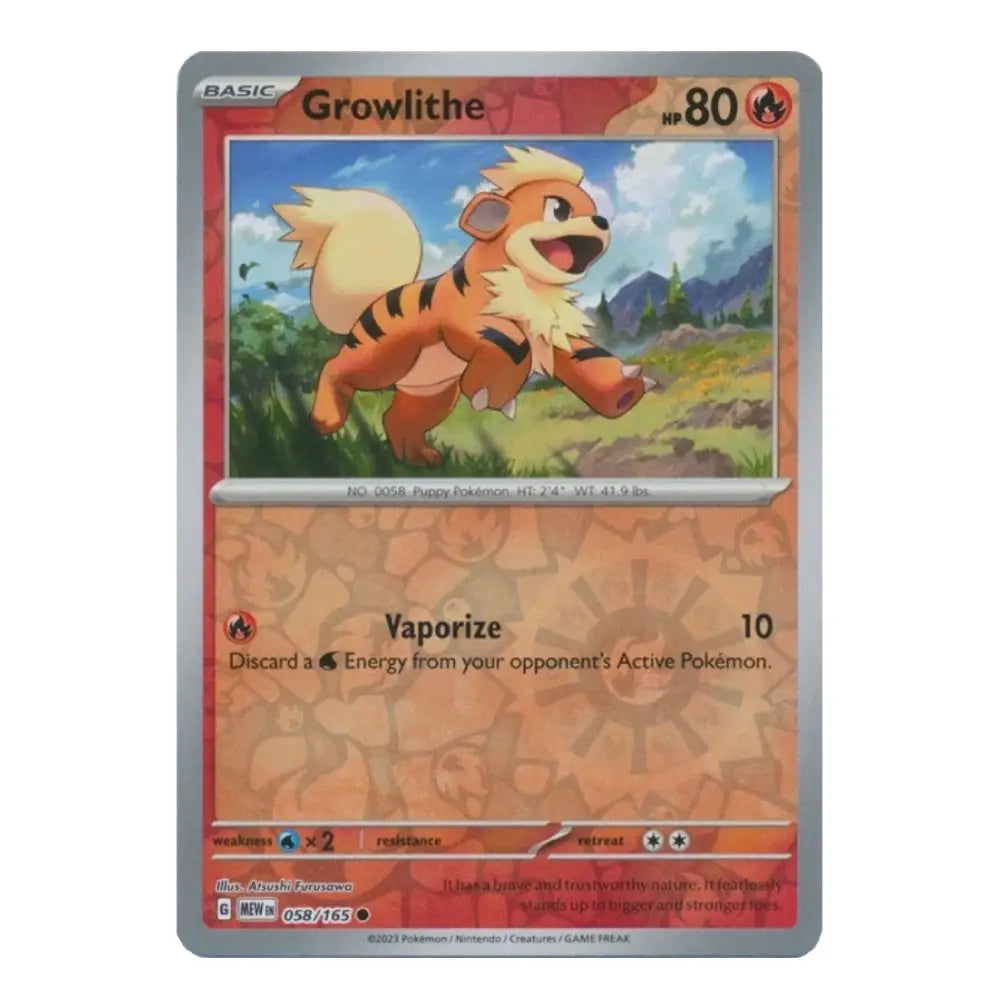 A single Pokémon trading card for Growlithe from the Basic set, shown against a plain white background. The card features artwork of the orange-and-tan Pokémon in a grassy landscape, with red-orange text boxes and a silver border.