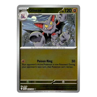 A single Pokémon trading card for Gliscor, shown against a plain white background. The card has a silver border, a dark olive-green top section, and a muted gold-green lower section with the text 'Poison Ring' and effect text.