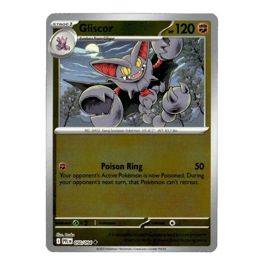 A single Pokémon trading card for Gliscor, shown against a plain white background. The card has a silver border, a dark olive-green top section, and a muted gold-green lower section with the text 'Poison Ring' and effect text.