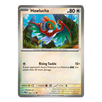 A single Pokémon trading card for Hawlucha, shown against a plain white background. The card has a silver border, a colorful illustration of the creature in a blue-green jungle scene, and attack text reading 'Rising Tackle' and '10+'.