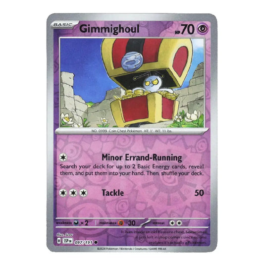 A single Pokémon trading card for Gimmighoul from the Basic set, shown against a plain white background. The card has a purple and pink design with an illustration of Gimmighoul in front of a chest.