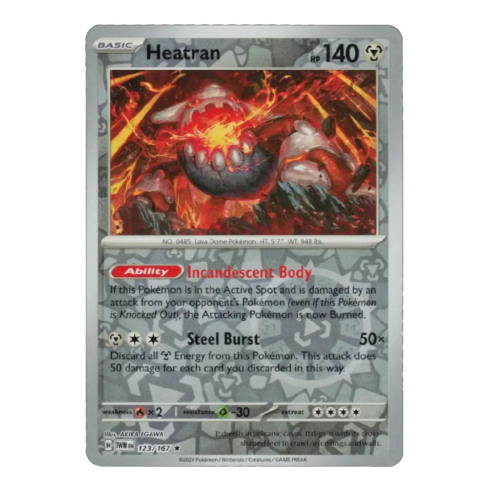 A single Pokémon trading card for Heatran from the Lava Lizard expansion, shown against a plain white background. The card features a gray border, fiery red and orange artwork of a lava creature, and black text with red and blue action text boxes.