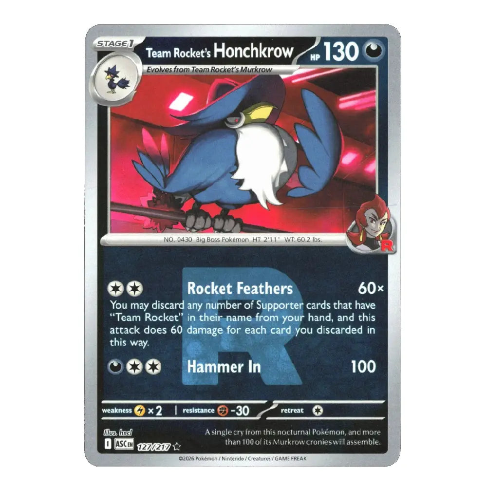A single Pokémon trading card for Team Rocket's Honchkrow, shown against a plain white background. The card features artwork of the blue bird-like Pokémon with red lighting, and text including 'Team Rocket's Honchkrow', 'HP 130', 'Rocket Feathers', and 'Hammer In'.