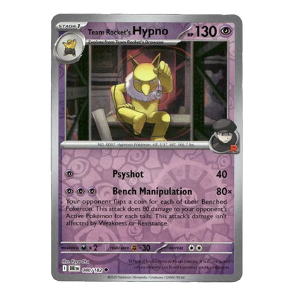 A single Pokémon trading card for Team Rocket's Hypno, shown against a plain white background. The card has a silver border, purple-tinted lower half, and artwork of a yellow hypnotic character in the center.