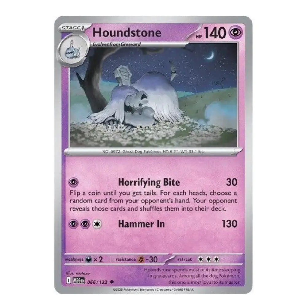 A single Pokémon trading card for Houndstone, shown against a plain white background. The card features a silver border, a purple and pink lower text area, and artwork of a gray stone dog under a night sky.