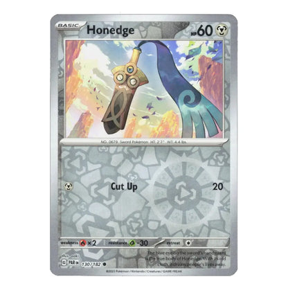 A single Pokémon trading card for Honedge from the Basic set, shown against a plain white background. The card features a silver-gray border with character artwork of Honedge in the upper panel and game text including 'Cut Up 20' in the lower panel.