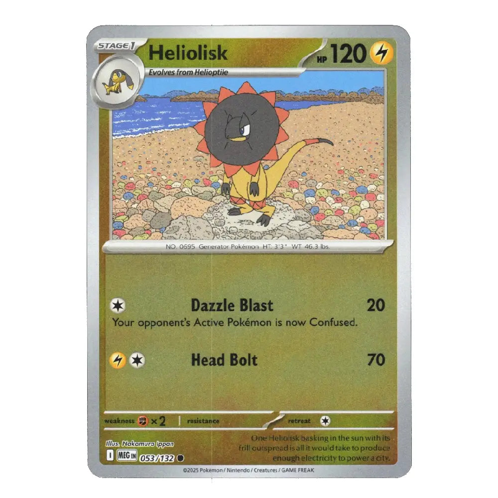 A single Pokémon trading card for Heliolisk, shown flat against a plain white background. The card has a silver border, a gold-tan lower section, and colorful artwork of a sun-like creature on a beach in the center.