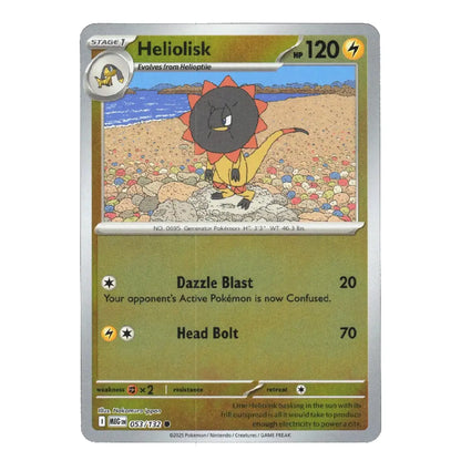 A single Pokémon trading card for Heliolisk, shown flat against a plain white background. The card has a silver border, a gold-tan lower section, and colorful artwork of a sun-like creature on a beach in the center.
