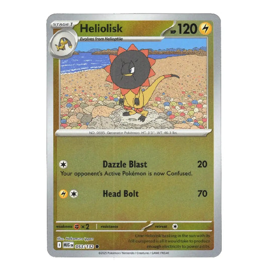 A single Pokémon trading card for Heliolisk, shown flat against a plain white background. The card has a silver border, a gold-tan lower section, and colorful artwork of a sun-like creature on a beach in the center.
