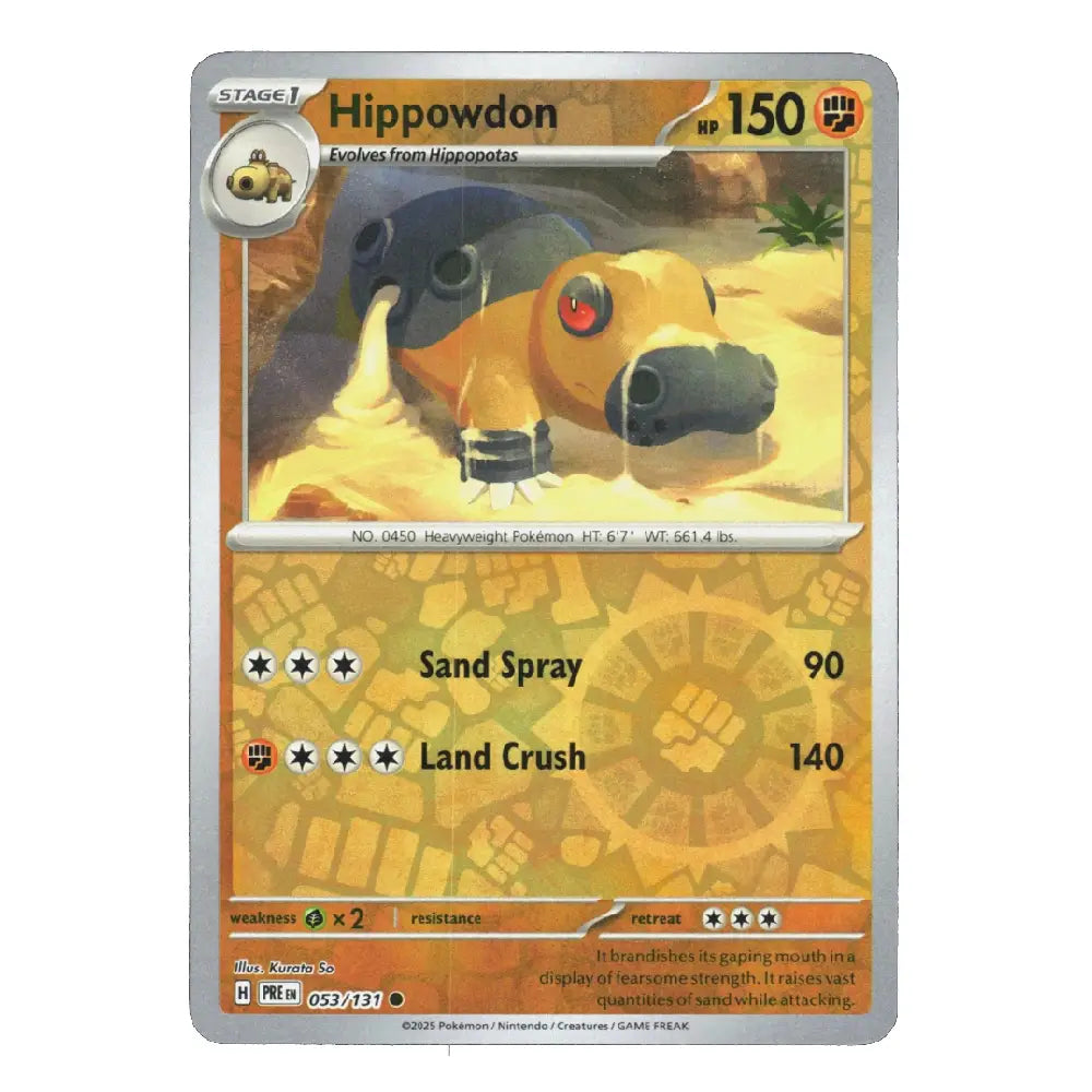 A single Pokémon trading card for Hippowdon, shown against a plain white background. The card has a silver border, an orange-tan face, and artwork of a yellow hippopotamus in a sandy environment.