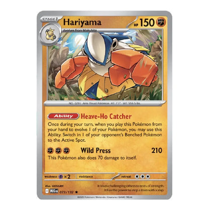 A single Pokémon trading card for Hariyama, shown straight-on against a plain white background. The card has a silver border, orange and yellow text areas, and artwork of a large orange-and-white creature.