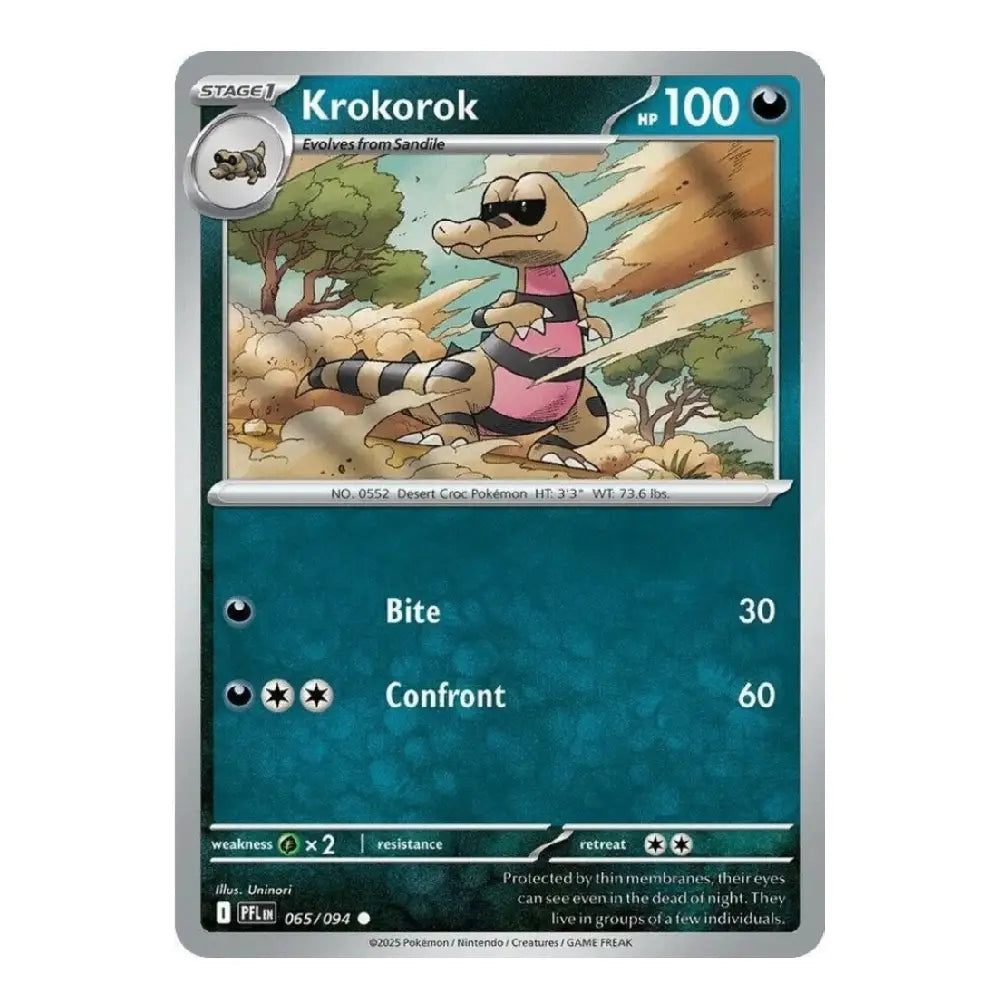 A single Pokémon trading card featuring Krokorok, shown against a plain white background. The card has a silver border, a teal-blue lower text area, and an illustrated scene of Krokorok in a desert landscape in the center.