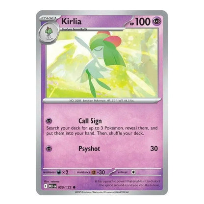 A single Pokémon trading card for Kirlia from the Eeveo expansion, featuring a purple and pink card frame with artwork of a green and red Kirlia character on a yellow background.