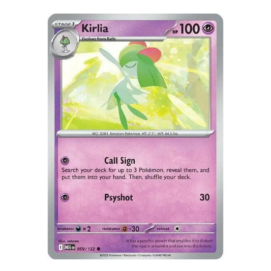 A single Pokémon trading card for Kirlia from the Eeveo expansion, featuring a purple and pink card frame with artwork of a green and red Kirlia character on a yellow background.