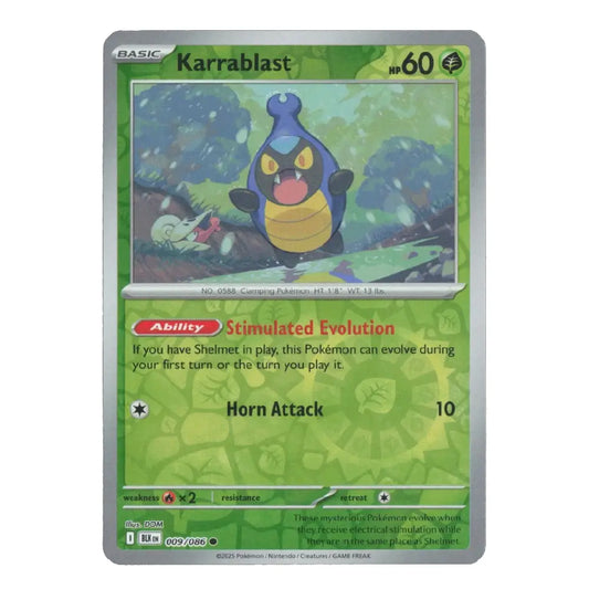 A single Pokémon trading card for Karrablast from the Basic set, shown against a plain white background. The card features green artwork and text, with the character illustration in the center and a silver border.