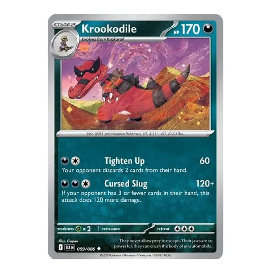 A single Pokémon trading card for Krookodile, shown flat against a plain white background. The card features artwork of a red and black crocodile-like creature in a purple-toned landscape, with a teal text box and silver border.