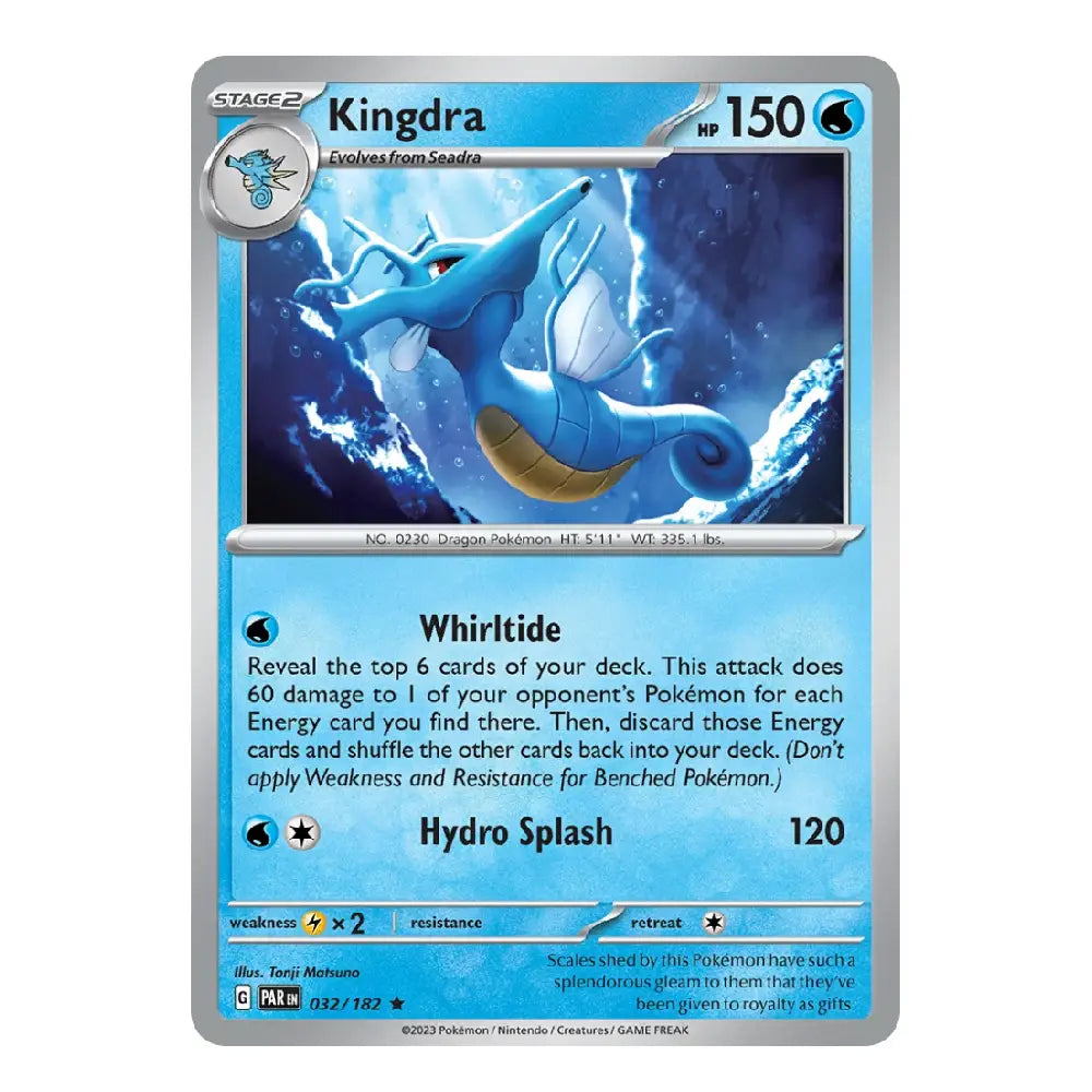 A single Pokémon trading card for Kingdra from the 2016 Evolving Skies expansion, featuring blue water-themed artwork and card text on a silver-bordered card against a white background.