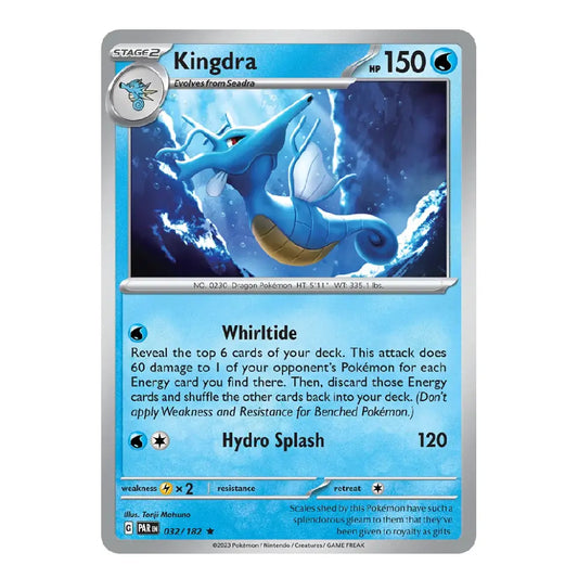 A single Pokémon trading card for Kingdra from the 2016 Evolving Skies expansion, featuring blue water-themed artwork and card text on a silver-bordered card against a white background.