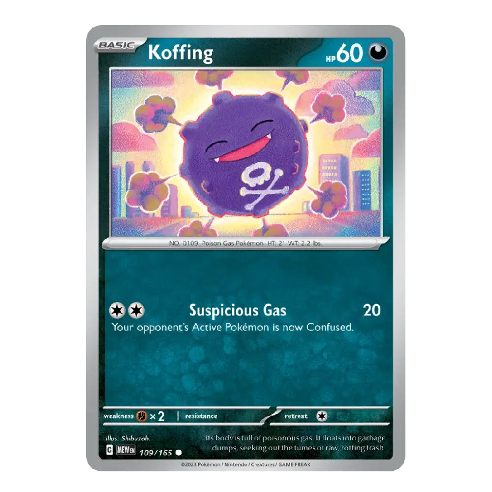 A single Pokémon trading card for Koffing from the Basic set, shown against a plain white background. The card features a dark teal lower section, a colorful central illustration of a purple gas bubble character, and silver-gray border details.