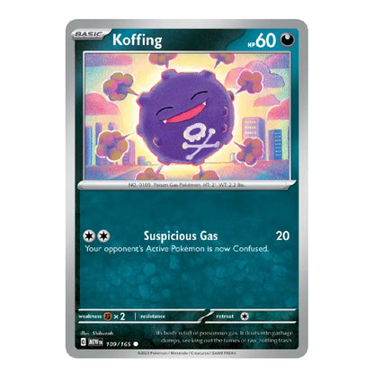 A single Pokémon trading card for Koffing from the Basic set, shown against a plain white background. The card features a dark teal lower section, a colorful central illustration of a purple gas bubble character, and silver-gray border details.