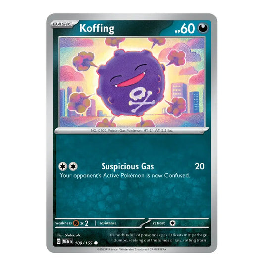 A single Pokémon trading card for Koffing from the Basic set, shown against a plain white background. The card features a dark teal lower section, a colorful central illustration of a purple gas bubble character, and silver-gray border details.