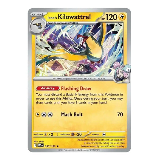 A single Pokémon trading card for Iono's Kilowattre, shown against a plain white background. The card features artwork of a blue and yellow bird-like creature, with yellow text boxes and a gray border.