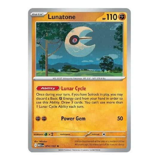 A single Pokémon trading card for Lunatone from the Basic set, shown against a plain white background. The card features a silver border, an orange-yellow text area, and artwork of a crescent moon character in a tree at night.