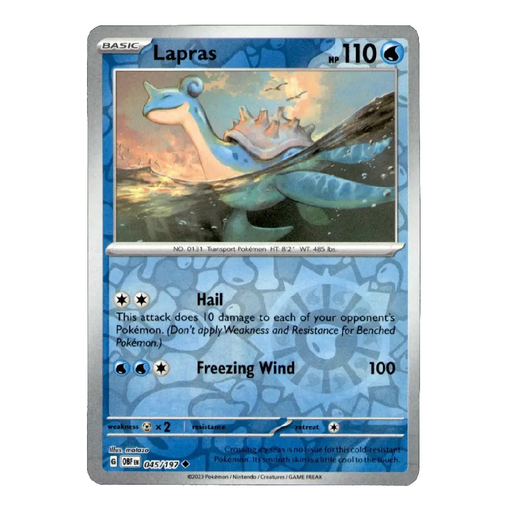A single Pokémon trading card for Lapras from the Basic set, shown against a plain white background. The card features Lapras artwork at the top, blue icy water effects, and attack text including Hail and Freezing Wind.