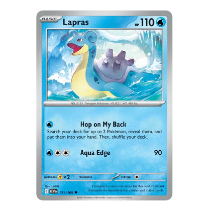 A single Pokémon trading card for Lapras from the Basic set, shown against a plain white background. The card features a blue icy illustration of Lapras with silver border elements and printed game text including 'Hop on My Back' and 'Aqua Edge'.