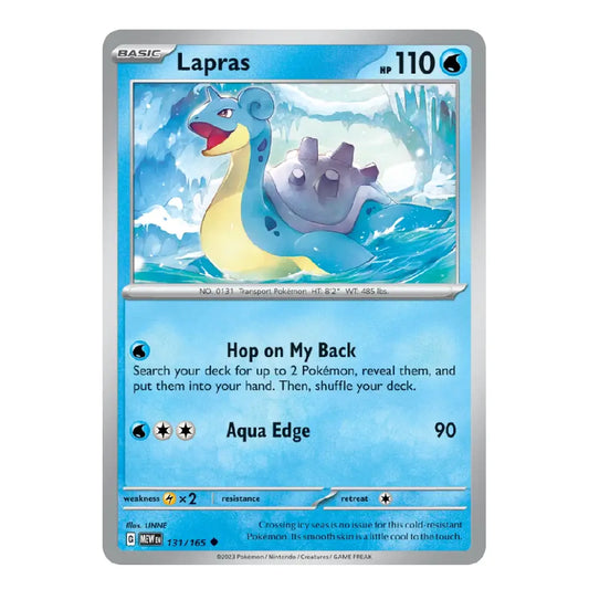 A single Pokémon trading card for Lapras from the Basic set, shown against a plain white background. The card features a blue icy illustration of Lapras with silver border elements and printed game text including 'Hop on My Back' and 'Aqua Edge'.
