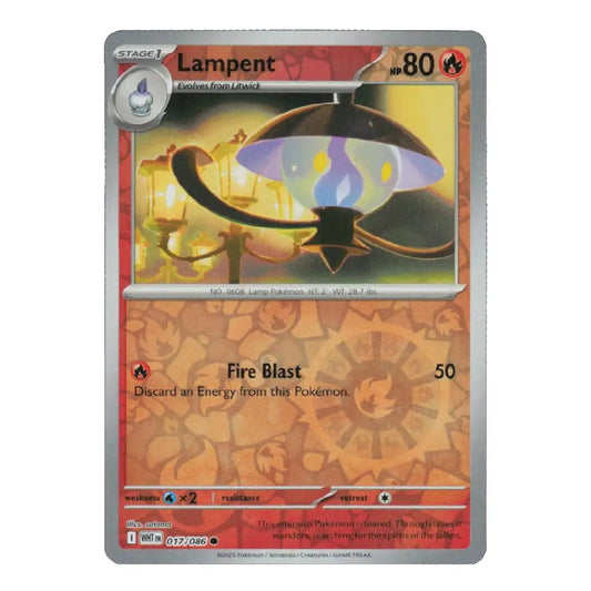 A single Pokémon trading card featuring the Lampent character, with a silver border and orange-red artwork, photographed on a plain white background.
