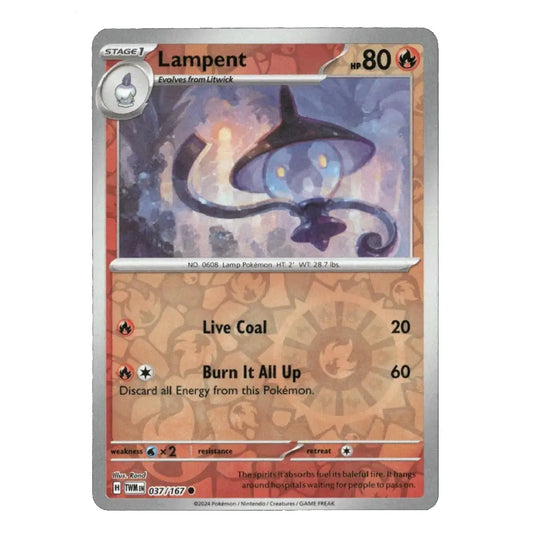 A single Pokémon trading card for Lampent, shown flat against a plain white background. The card has a silver border, red-orange text boxes, and artwork of a glowing lamp in the center.