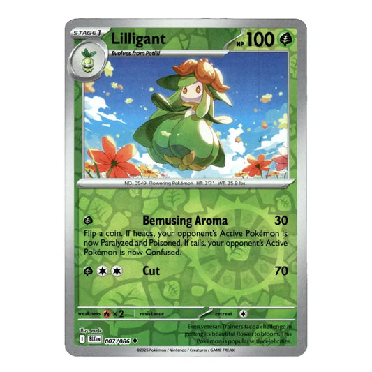 A single Pokémon trading card for Lilligant, shown flat against a plain white background. The card has a green and silver border, with artwork of the character in the center and text including 'Stage 1', 'Lilligant', 'Bemusing Aroma', and 'Cut'.