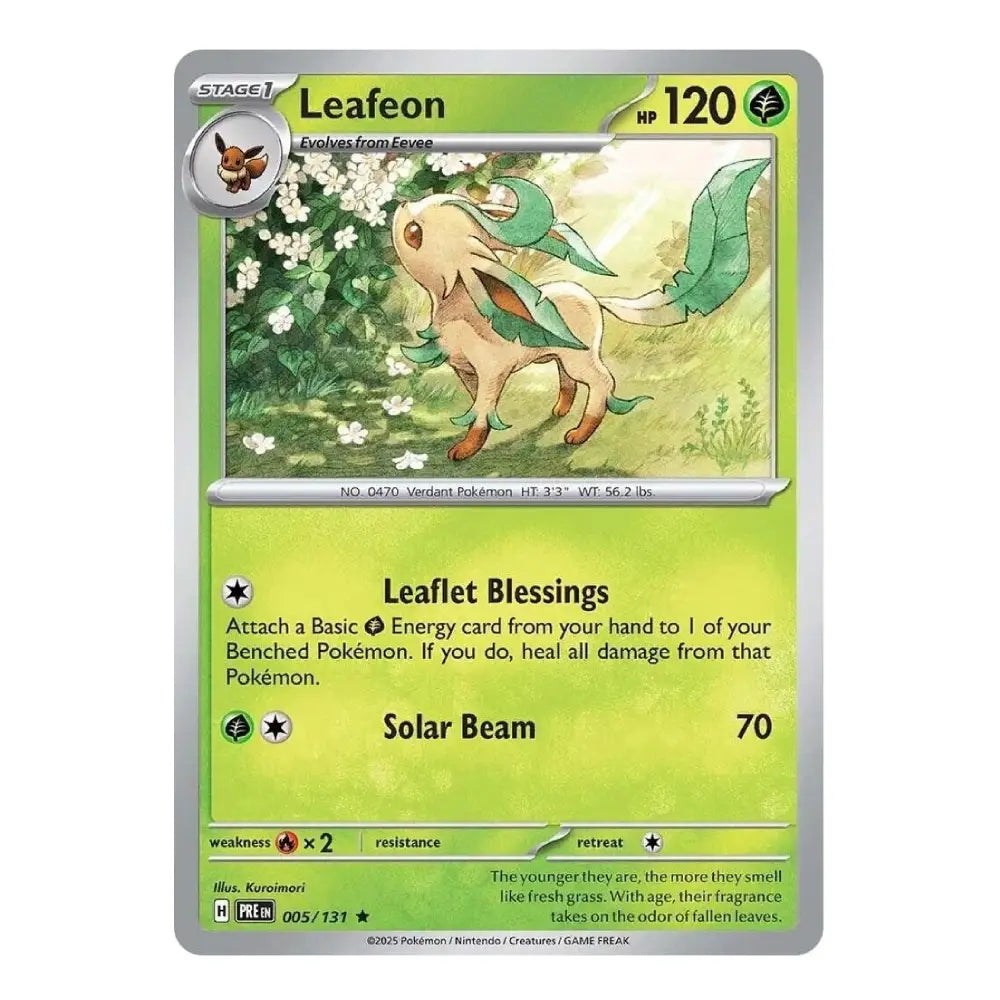 A single Pokémon trading card for Leafeon, shown against a plain white background. The card features a green and yellow-green design with an illustration of the leafy creature in a grassy field.