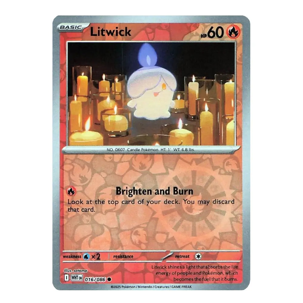 A single Pokémon trading card featuring the character Litwick, with a silver border, orange-red card face, candle artwork, and visible text including 'BASIC', 'Litwick', and 'Brighten and Burn'.