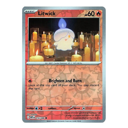 A single Pokémon trading card featuring the character Litwick, with a silver border, orange-red card face, candle artwork, and visible text including 'BASIC', 'Litwick', and 'Brighten and Burn'.