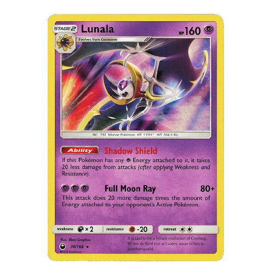 A single Pokémon trading card for Lunala, shown flat against a plain white background. The card has a yellow border, purple text boxes, and artwork of the character Lunala in the center.