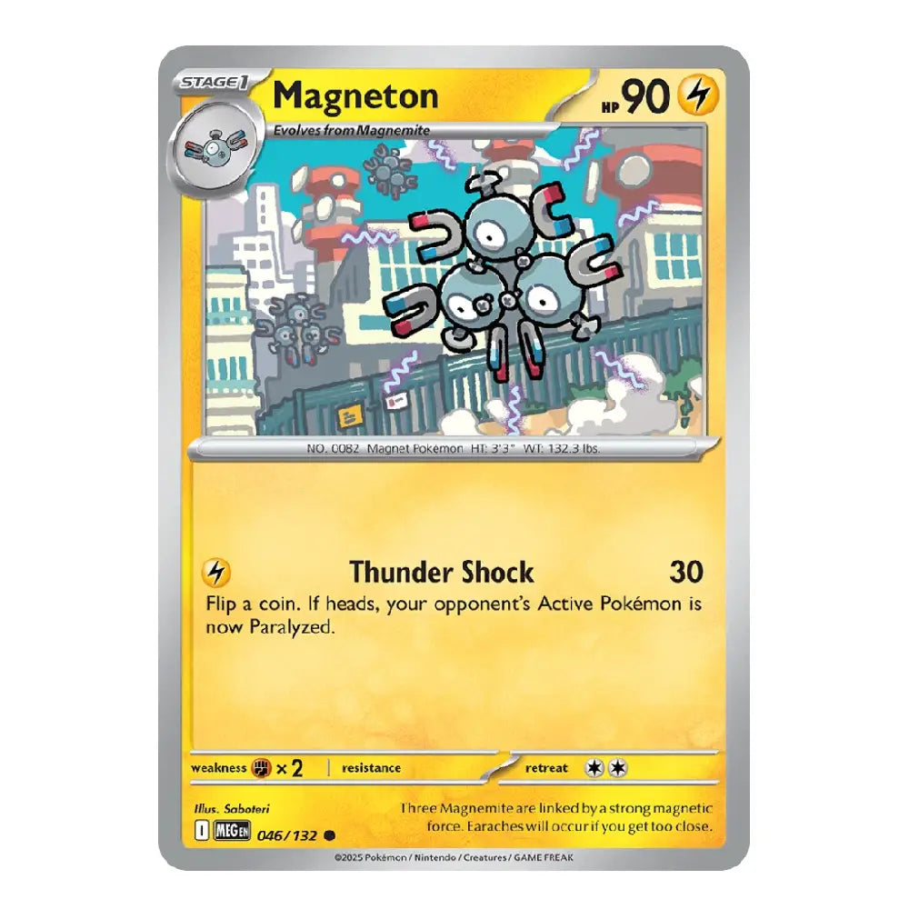 A single Pokémon trading card for Magneton, shown flat against a plain white background. The card has a silver border, a yellow lower text area, and an illustrated top section showing the character in a city with magnets.