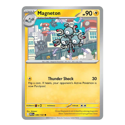 A single Pokémon trading card for Magneton, shown flat against a plain white background. The card has a silver border, a yellow lower text area, and an illustrated top section showing the character in a city with magnets.