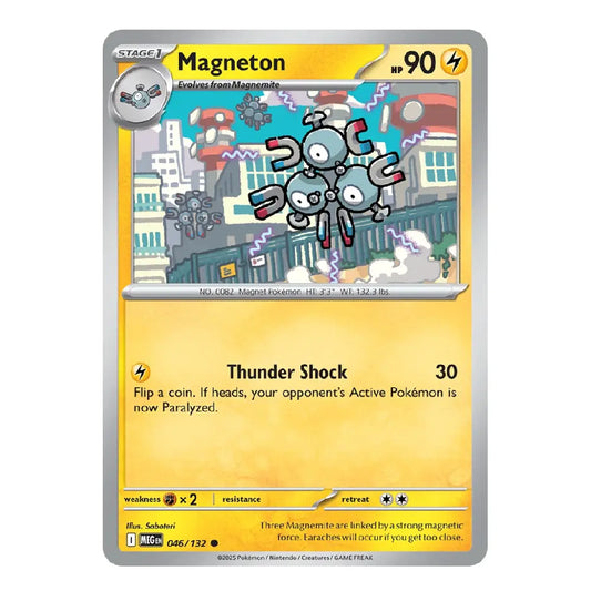 A single Pokémon trading card for Magneton, shown flat against a plain white background. The card has a silver border, a yellow lower text area, and an illustrated top section showing the character in a city with magnets.