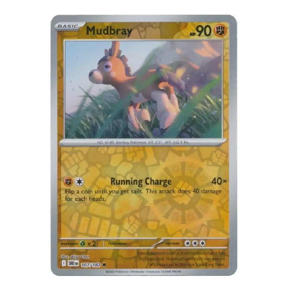 A single Pokémon trading card for Mudbray from the Basic set, shown against a plain white background. The card features a yellow and gold patterned design with artwork of a brown horse-like creature in tall grass.