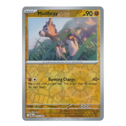 A single Pokémon trading card for Mudbray from the Basic set, shown against a plain white background. The card features a yellow and gold patterned design with artwork of a brown horse-like creature in tall grass.