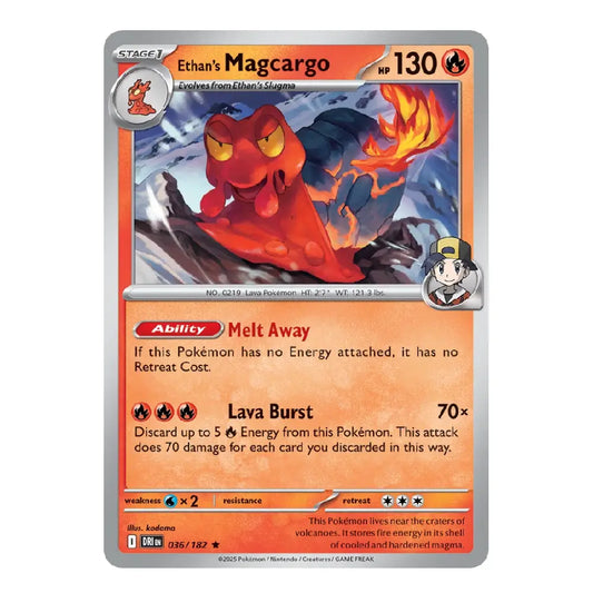 A single Pokémon trading card for Ethan's Magcargo, featuring a red-orange creature illustration with flames and a silver border on a plain white background.