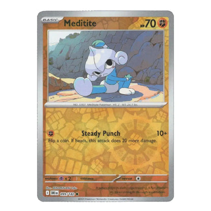 A single Pokémon trading card for Meditite from the Basic set, shown against a plain white background. The card features a silver border, an orange-tan lower half, and artwork of the character Meditite in the center.