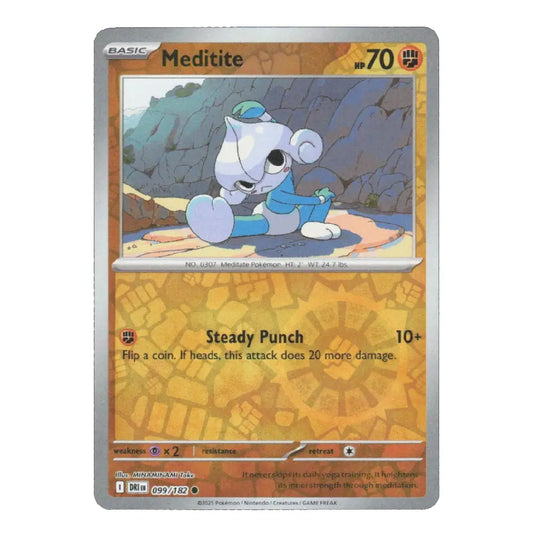 A single Pokémon trading card for Meditite from the Basic set, shown against a plain white background. The card features a silver border, an orange-tan lower half, and artwork of the character Meditite in the center.