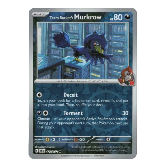 A single Pokémon trading card for Team Rocket's Murkrow, shown flat against a plain white background. The card has a gray border and features artwork of a dark blue raven-like creature on a blue-toned scene, with text including 'BASIC', 'Team Rocket's Murkrow', 'HP 80', and moves 'Deceit' and 'Torment'.