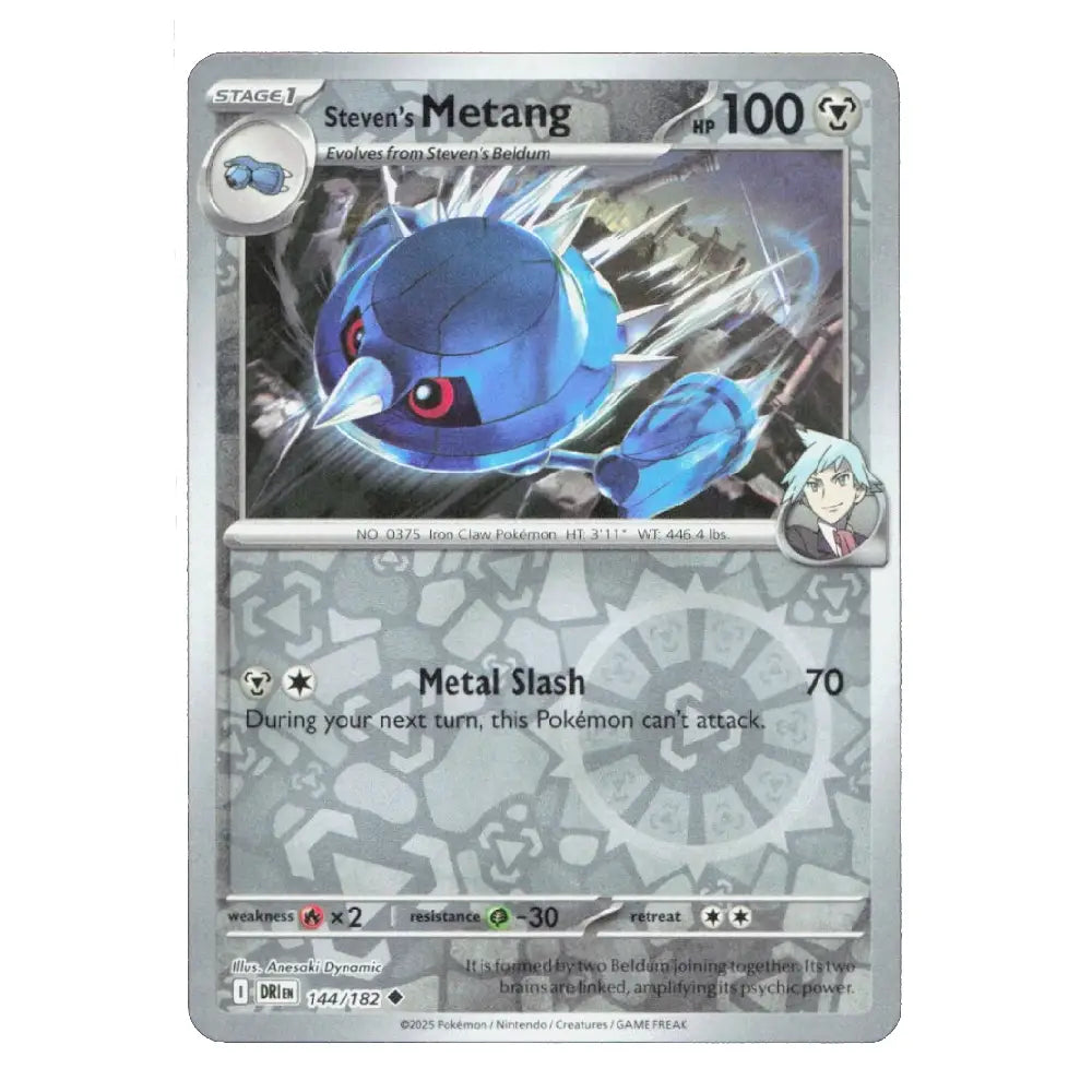 A single Pokémon trading card featuring Steven's Metang from the Silver Tempest expansion, with a metallic silver border and blue creature artwork.