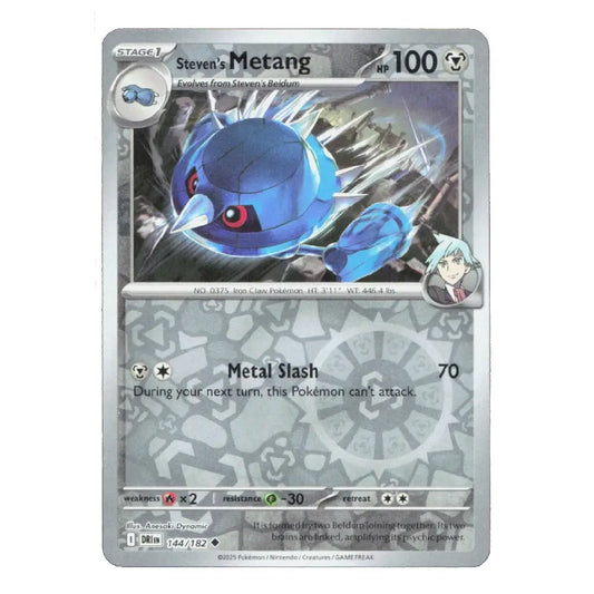 A single Pokémon trading card featuring Steven's Metang from the Silver Tempest expansion, with a metallic silver border and blue creature artwork.