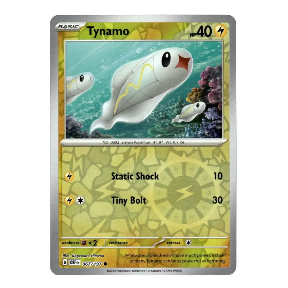 A single Pokémon trading card for Tynamo from the Basic set, featuring artwork of a small white fish underwater and card stats printed on a yellow-green card face with a silver border.